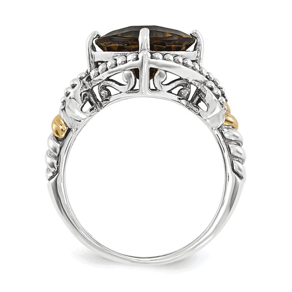 14K/Silver Two Tone Sterling Silver Smoky Quartz Cushion Ring (Size 7 Only)