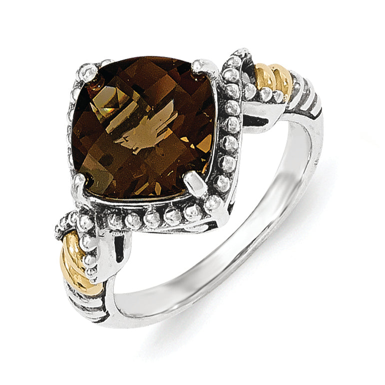 14K/Silver Two Tone Sterling Silver Smoky Quartz Cushion Ring (Size 7 Only)