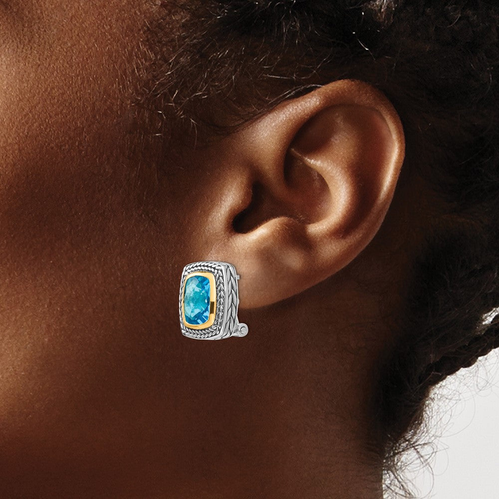 14K/Silver Two Tone Shey Couture Sterling Silver With 14K Accent Antiqued Cushion Bezel Swiss Blue Topaz Omega Back Earrings