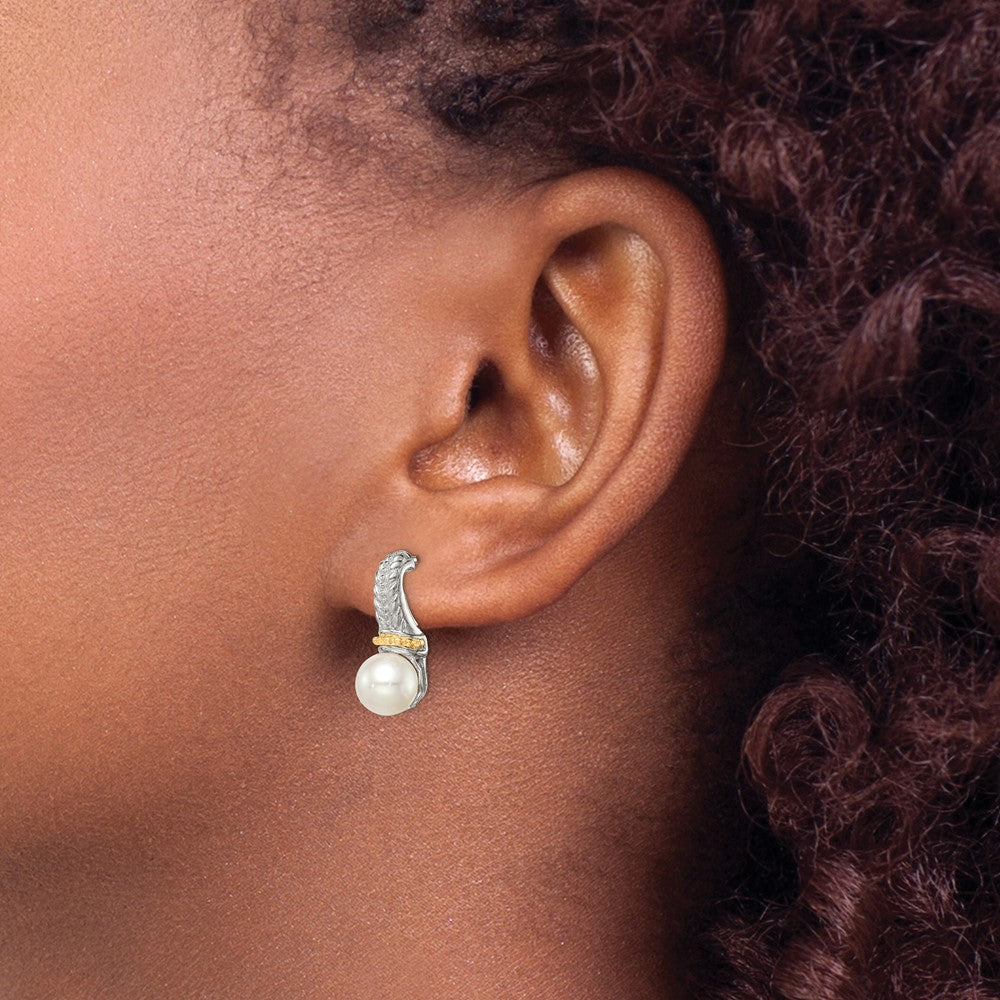 14K/Silver Two Tone Shey Couture Sterling Silver Rhodium Plated With 14K Accent 7 8mm Freshwater Cultured Pearl Post Dangle Earrings