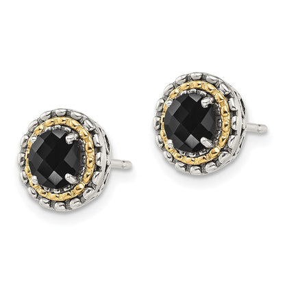 14K/Silver Two Tone Shey Couture Sterling Silver With 14K Accent Antiqued Polished Checkerboard Cut Black Onyx Earrings