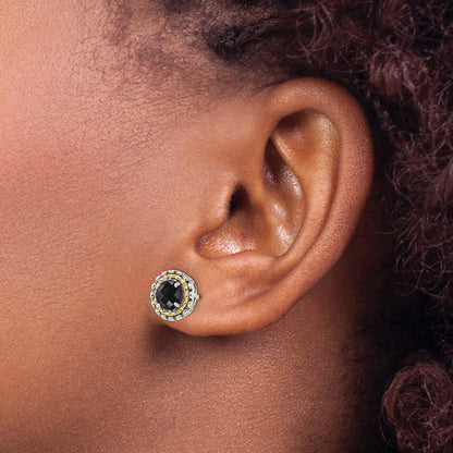 14K/Silver Two Tone Shey Couture Sterling Silver With 14K Accent Antiqued Polished Checkerboard Cut Black Onyx Earrings