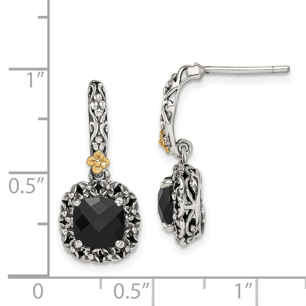 14K/Silver Two Tone Shey Couture Sterling Silver With 14K Accent Antiqued Checkerboard Cut Black Onyx Post Dangle Earrings