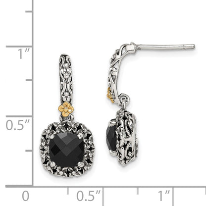 14K/Silver Two Tone Shey Couture Sterling Silver With 14K Accent Antiqued Checkerboard Cut Black Onyx Post Dangle Earrings