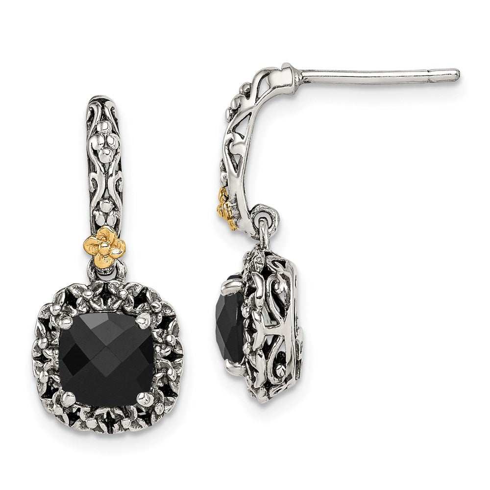 14K/Silver Two Tone Shey Couture Sterling Silver With 14K Accent Antiqued Checkerboard Cut Black Onyx Post Dangle Earrings
