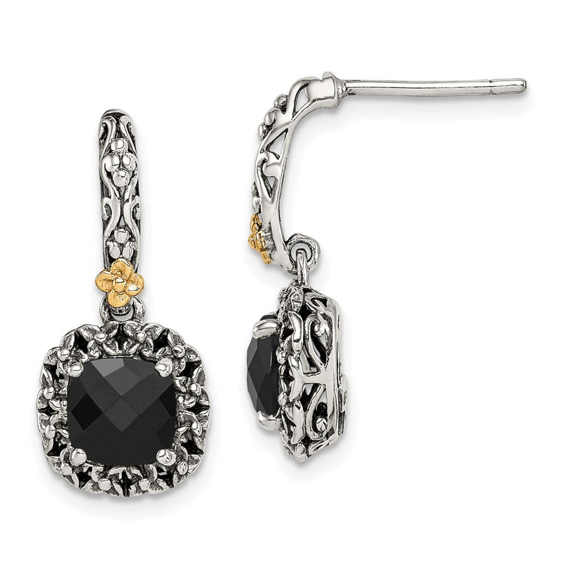 14K/Silver Two Tone Shey Couture Sterling Silver With 14K Accent Antiqued Checkerboard Cut Black Onyx Post Dangle Earrings