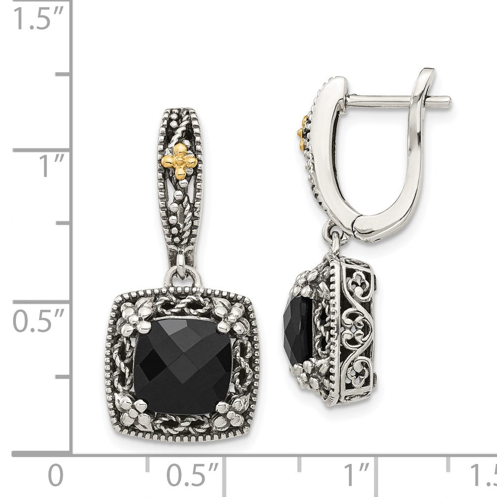 14K/Silver Two Tone Shey Couture Sterling Silver With 14K Accent Antiqued Checkerboard Cut Black Onyx Hinged Hoop Dangle Earrings