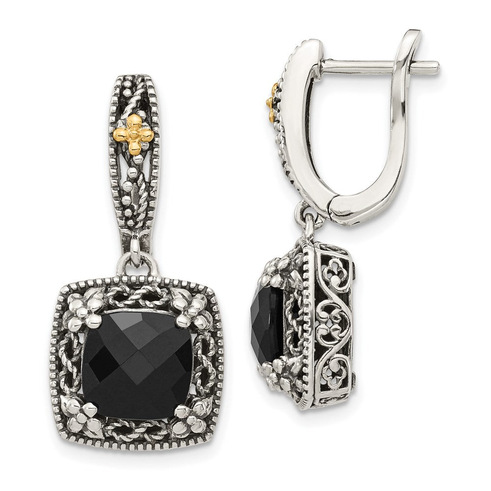 14K/Silver Two Tone Shey Couture Sterling Silver With 14K Accent Antiqued Checkerboard Cut Black Onyx Hinged Hoop Dangle Earrings
