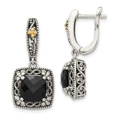 14K/Silver Two Tone Shey Couture Sterling Silver With 14K Accent Antiqued Checkerboard Cut Black Onyx Hinged Hoop Dangle Earrings