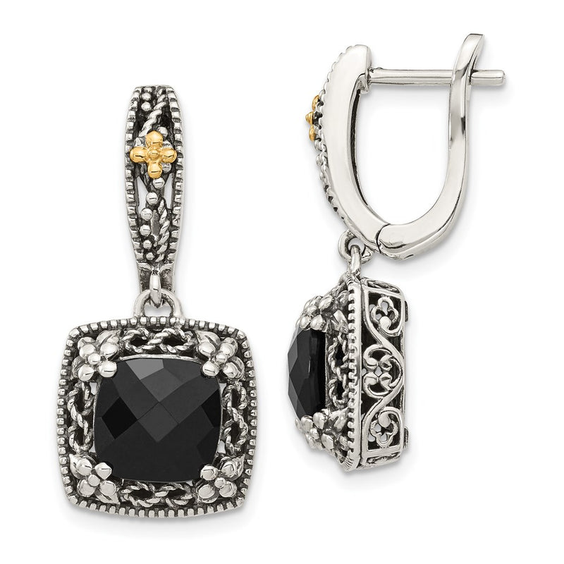 14K/Silver Two Tone Shey Couture Sterling Silver With 14K Accent Antiqued Checkerboard Cut Black Onyx Hinged Hoop Dangle Earrings