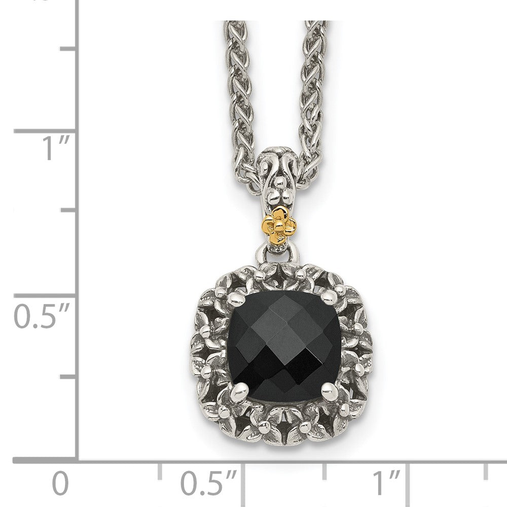 14K/Silver Two Tone Shey Couture Sterling Silver With 14K Accent 18 Inch Antiqued Checkerboard Cut Black Onyx Necklace
