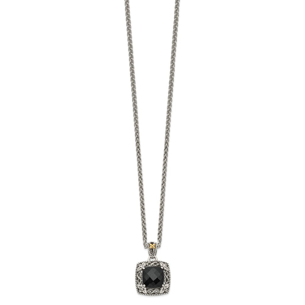 14K/Silver Two Tone Shey Couture Sterling Silver With 14K Accent 18 Inch Antiqued Checkerboard Cut Black Onyx Necklace