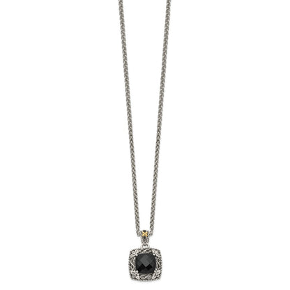 14K/Silver Two Tone Shey Couture Sterling Silver With 14K Accent 18 Inch Antiqued Checkerboard Cut Black Onyx Necklace