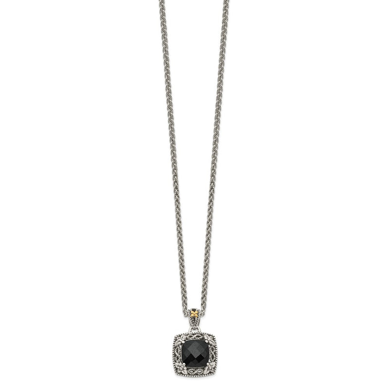 14K/Silver Two Tone Shey Couture Sterling Silver With 14K Accent 18 Inch Antiqued Checkerboard Cut Black Onyx Necklace