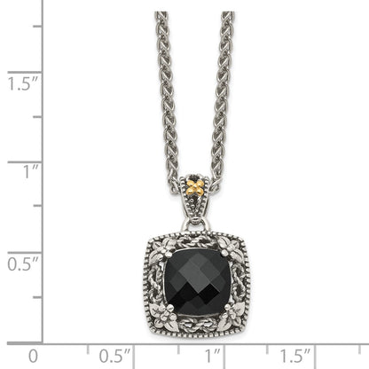 14K/Silver Two Tone Shey Couture Sterling Silver With 14K Accent 18 Inch Antiqued Checkerboard Cut Black Onyx Necklace
