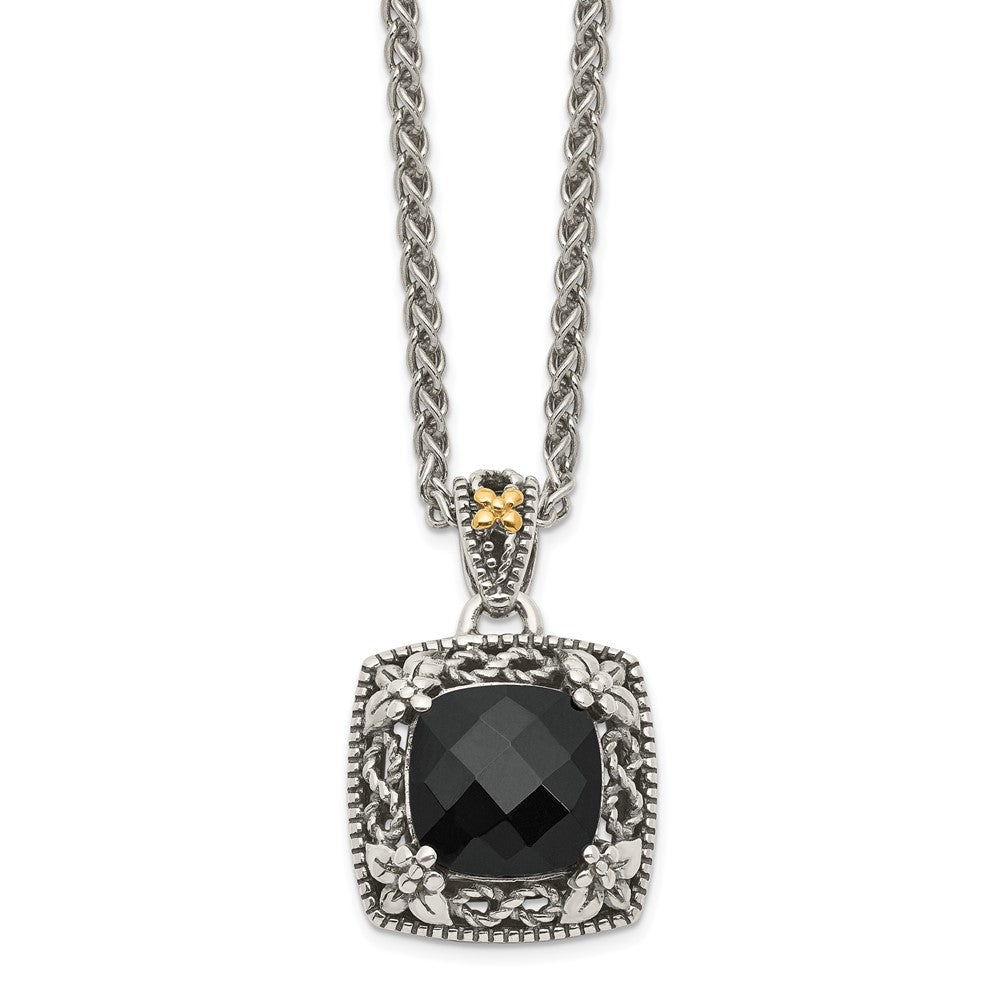14K/Silver Two Tone Shey Couture Sterling Silver With 14K Accent 18 Inch Antiqued Checkerboard Cut Black Onyx Necklace