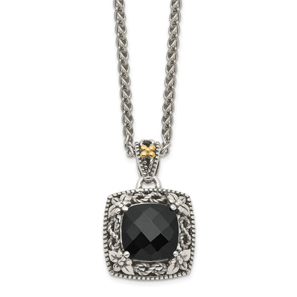 14K/Silver Two Tone Shey Couture Sterling Silver With 14K Accent 18 Inch Antiqued Checkerboard Cut Black Onyx Necklace