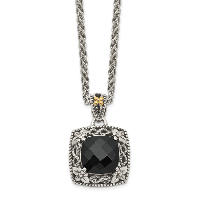 14K/Silver Two Tone Shey Couture Sterling Silver With 14K Accent 18 Inch Antiqued Checkerboard Cut Black Onyx Necklace
