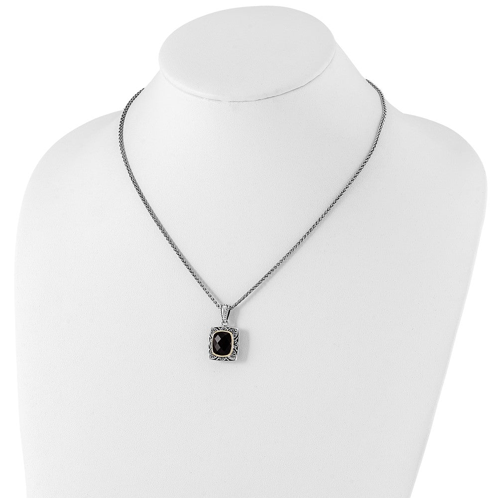 14K/Silver Two Tone Shey Couture Sterling Silver With 14K Accent 18 Inch Antiqued Checkerboard Cut Black Onyx Necklace