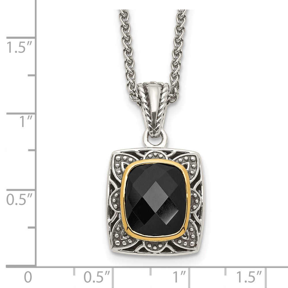 14K/Silver Two Tone Shey Couture Sterling Silver With 14K Accent 18 Inch Antiqued Checkerboard Cut Black Onyx Necklace