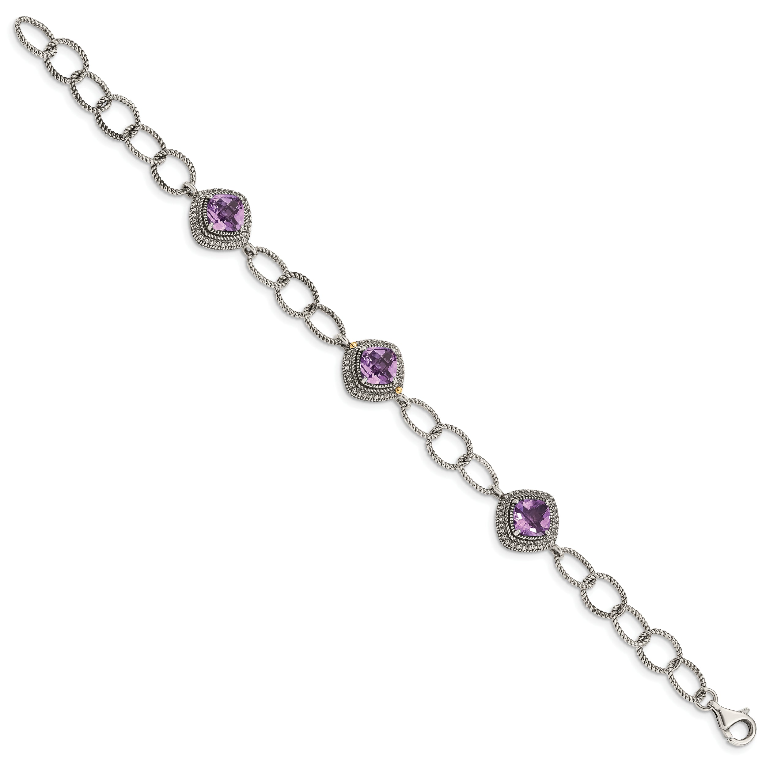14K/Silver Two Tone Shey Couture Sterling Silver With 14K Accent 7.5 Inch Cushion Amethyst Bracelet