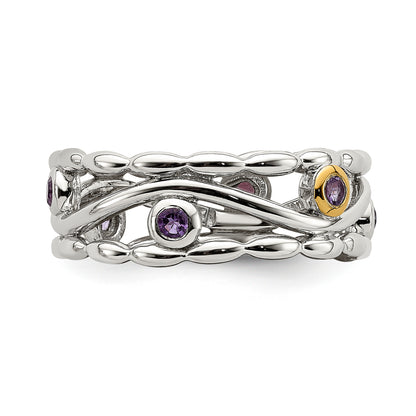 14K/Silver Two Tone Sterling Silver W/ 14K Accent Amethyst Ring