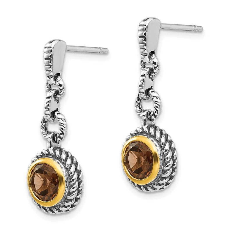 Shey Couture Sterling Silver Gold-tone Flash Gold-plated Antiqued Round Bezel Smoky Quartz Earrings