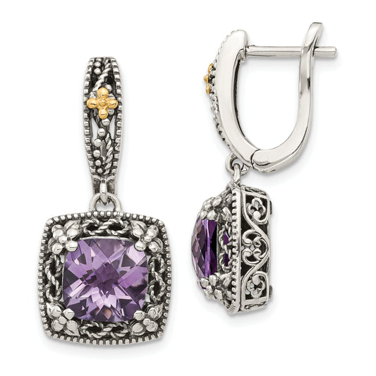 14K/Silver Two Tone Shey Couture Sterling Silver With 14K Accent Antiqued Cushion Amethyst Hinged Hoop Dangle Earrings