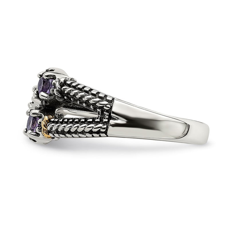 14K/Silver Two Tone Sterling Silver W/ 14K Accent Amethyst & Light Swiss Blue Topaz Ring (Size 6 Only)