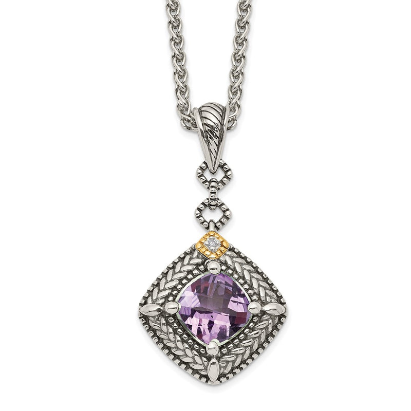 14K/Silver Two Tone Shey Couture Sterling Silver With 14K Accent 18 Inch Antiqued Cushion Amethyst And Diamond Necklace