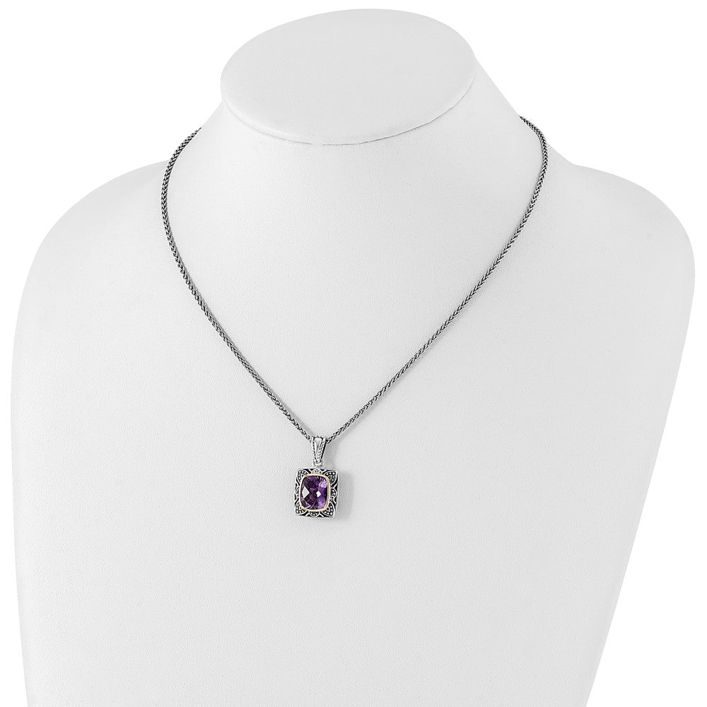 14K/Silver Two Tone Shey Couture Sterling Silver With 14K Accent 18 Inch Antiqued Checkerboard Cut Cushion Bezel Amethyst Necklace
