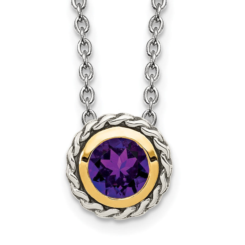 14K/Silver Two Tone Shey Couture Sterling Silver With 14K Accent 18 Inch Antiqued Round Bezel Amethyst Necklace