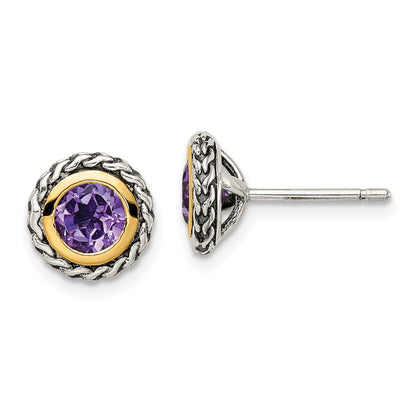 14K/Silver Two Tone Shey Couture Sterling Silver With 14K Accent Antiqued Round Bezel Amethyst Post Earrings