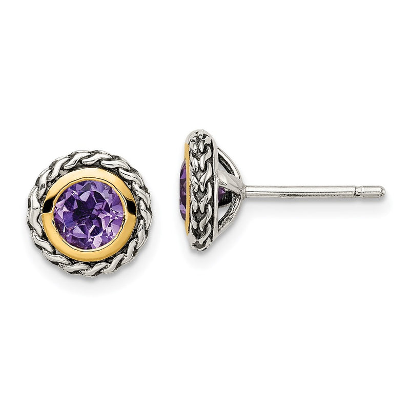 14K/Silver Two Tone Shey Couture Sterling Silver With 14K Accent Antiqued Round Bezel Amethyst Post Earrings