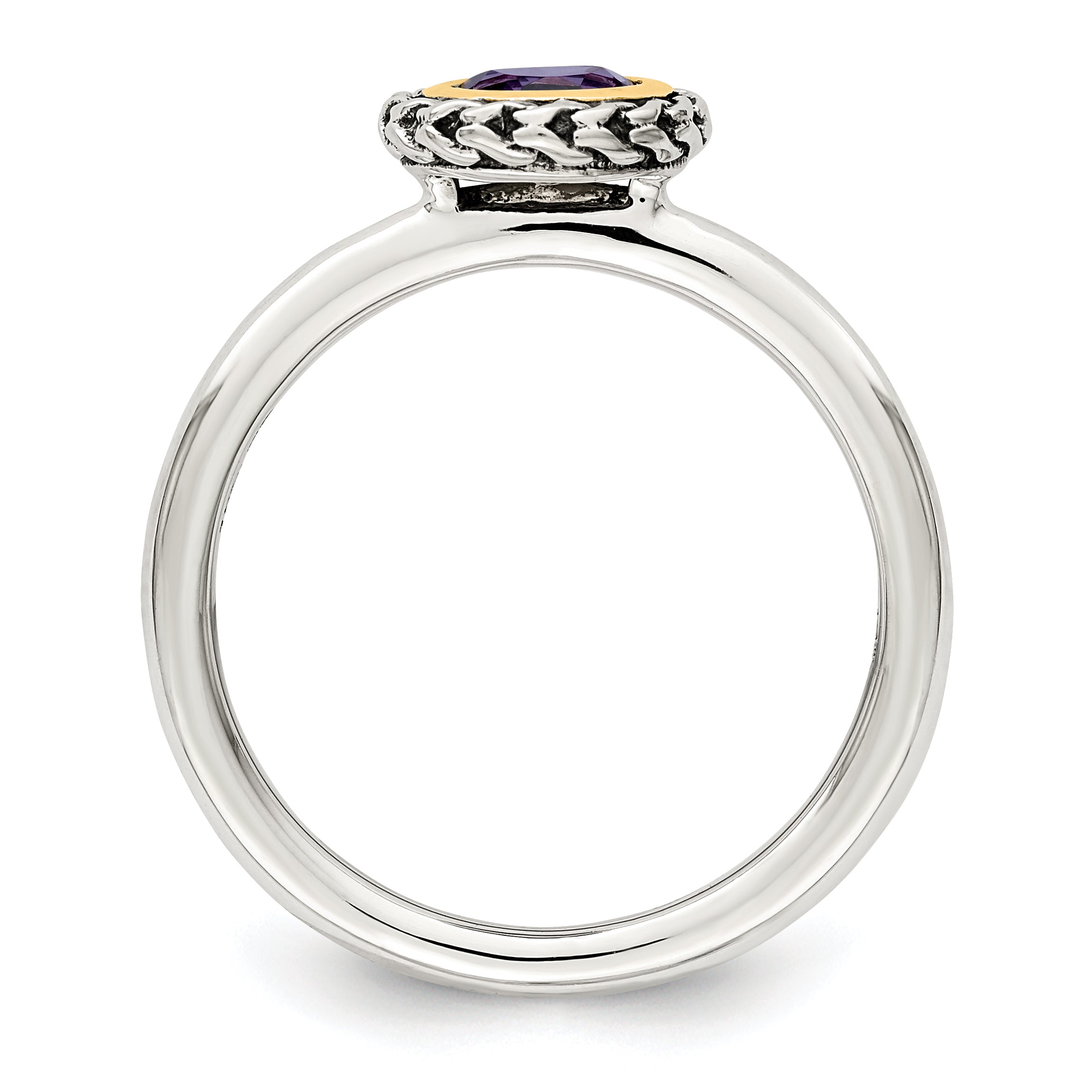 14K/Silver Two Tone Shey Couture Sterling Silver With 14K Accent Antiqued Round Bezel Amethyst Ring