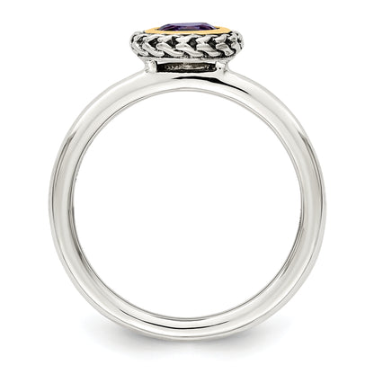 14K/Silver Two Tone Shey Couture Sterling Silver With 14K Accent Antiqued Round Bezel Amethyst Ring