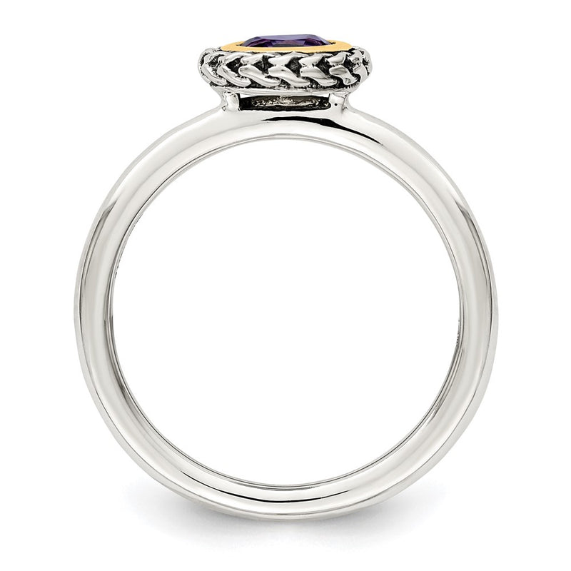 14K/Silver Two Tone Shey Couture Sterling Silver With 14K Accent Antiqued Round Bezel Amethyst Ring