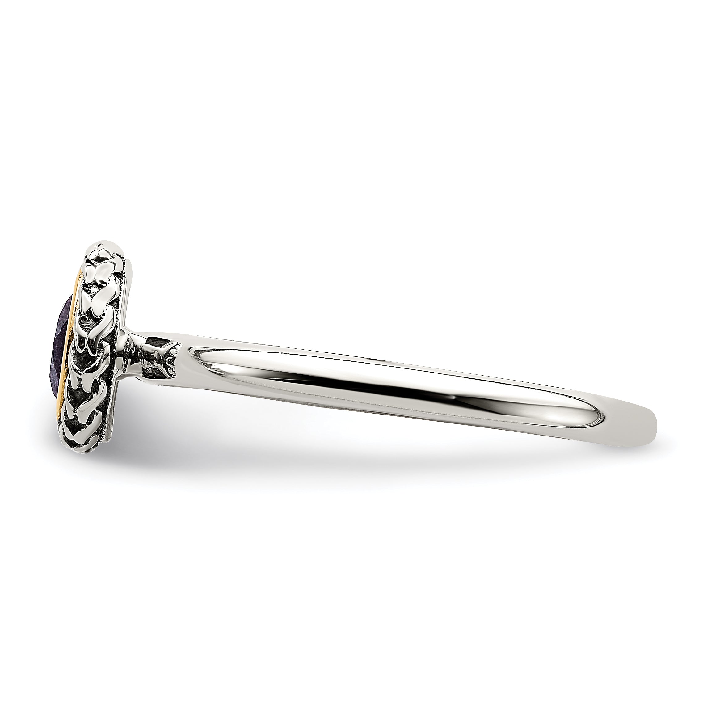 14K/Silver Two Tone Shey Couture Sterling Silver With 14K Accent Antiqued Round Bezel Amethyst Ring
