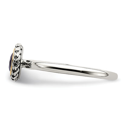 14K/Silver Two Tone Shey Couture Sterling Silver With 14K Accent Antiqued Round Bezel Amethyst Ring