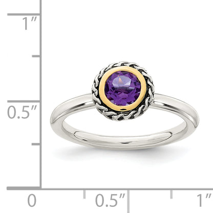 14K/Silver Two Tone Shey Couture Sterling Silver With 14K Accent Antiqued Round Bezel Amethyst Ring