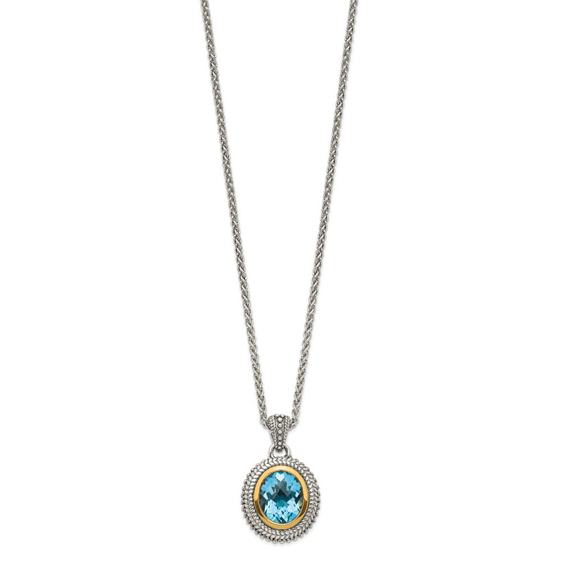 14K/Silver Two Tone Shey Couture Sterling Silver With 14K Accent 18 Inch Antiqued Oval Bezel Light Swiss Blue Topaz Necklace