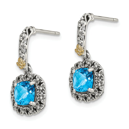 14K/Silver Two Tone Shey Couture Sterling Silver With 14K Accent Antiqued Cushion Checkerboard Blue Topaz Post Dangle Earrings