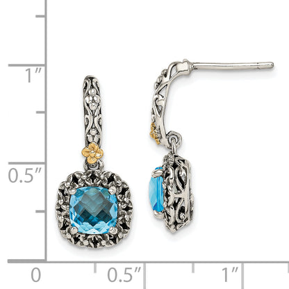 14K/Silver Two Tone Shey Couture Sterling Silver With 14K Accent Antiqued Cushion Checkerboard Blue Topaz Post Dangle Earrings