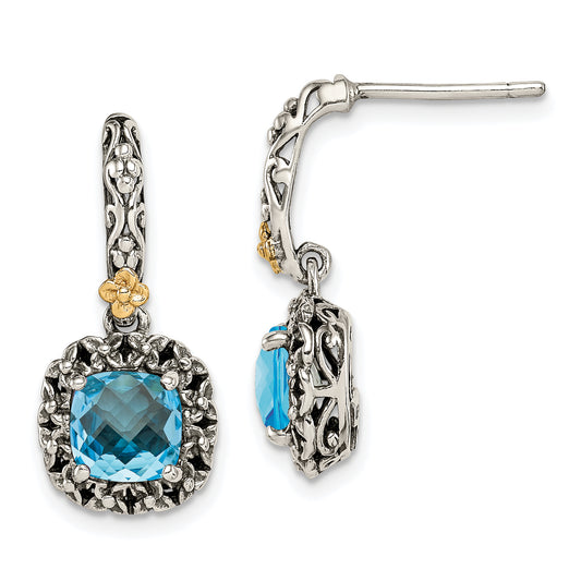 14K/Silver Two Tone Shey Couture Sterling Silver With 14K Accent Antiqued Cushion Checkerboard Blue Topaz Post Dangle Earrings