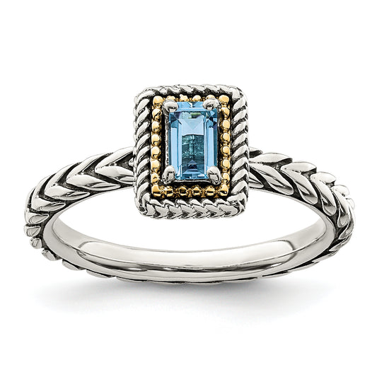 14K/Silver Two Tone Shey Couture Sterling Silver With 14K Accent Antiqued Emerald Cut Light Swiss Blue Topaz Ring