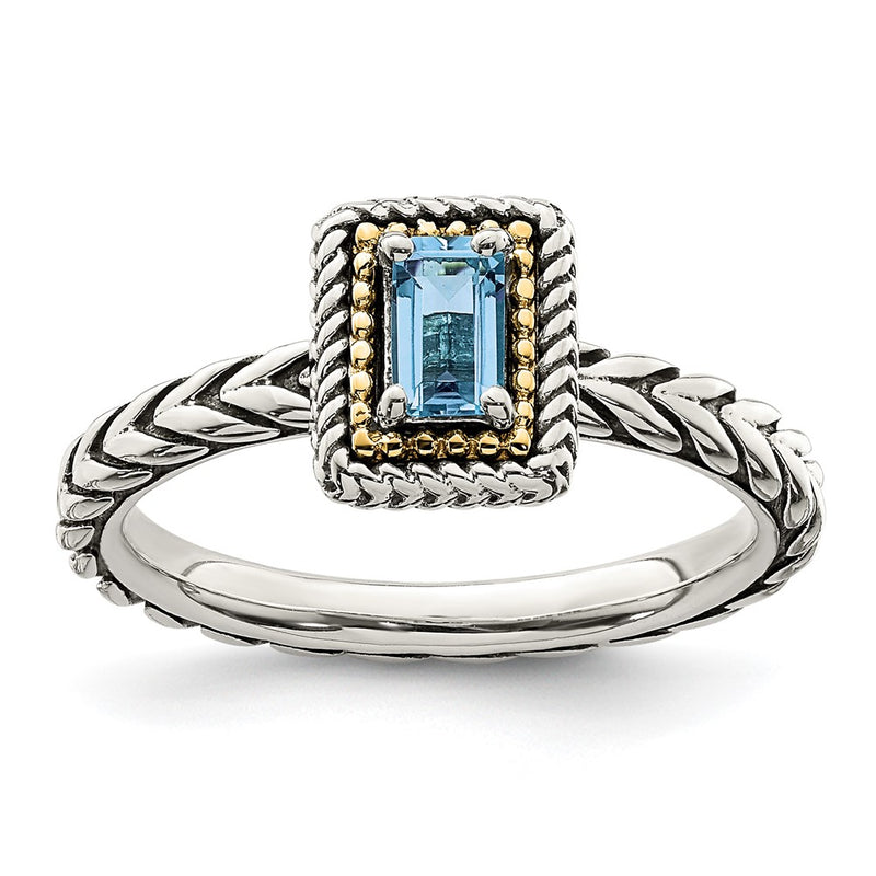 14K/Silver Two Tone Shey Couture Sterling Silver With 14K Accent Antiqued Emerald Cut Light Swiss Blue Topaz Ring