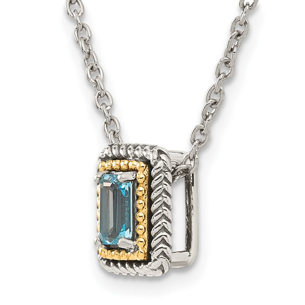 14K/Silver Two Tone Shey Couture Sterling Silver With 14K Accent 18 Inch Emerald Cut Antiqued Light Swiss Blue Topaz Necklace