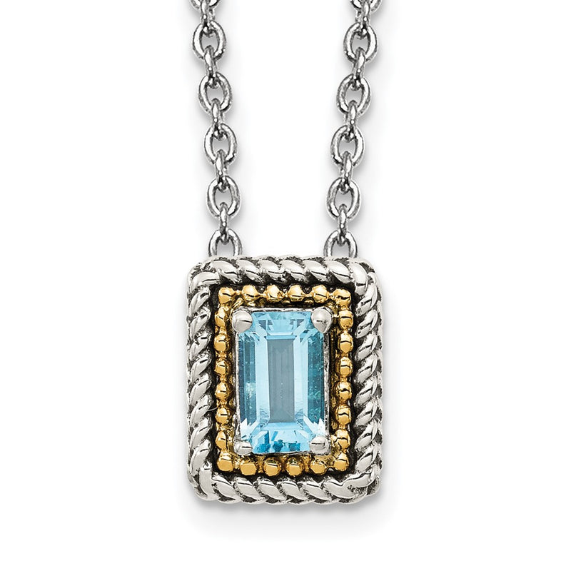14K/Silver Two Tone Shey Couture Sterling Silver With 14K Accent 18 Inch Emerald Cut Antiqued Light Swiss Blue Topaz Necklace