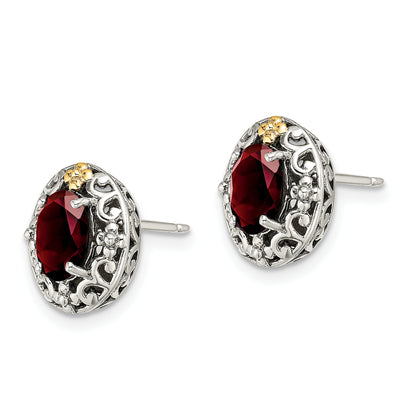 14K/Silver Two Tone Shey Couture Sterling Silver With 14K Accent Antiqued Oval Garnet Post Earrings