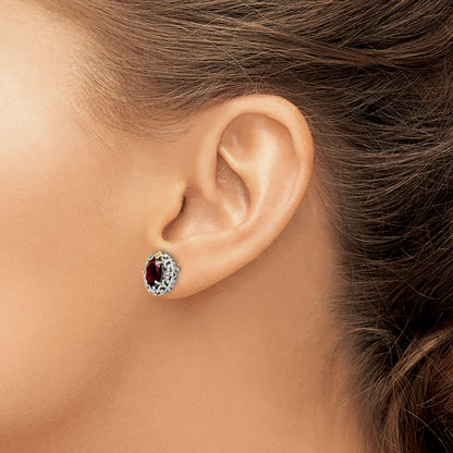 14K/Silver Two Tone Shey Couture Sterling Silver With 14K Accent Antiqued Oval Garnet Post Earrings
